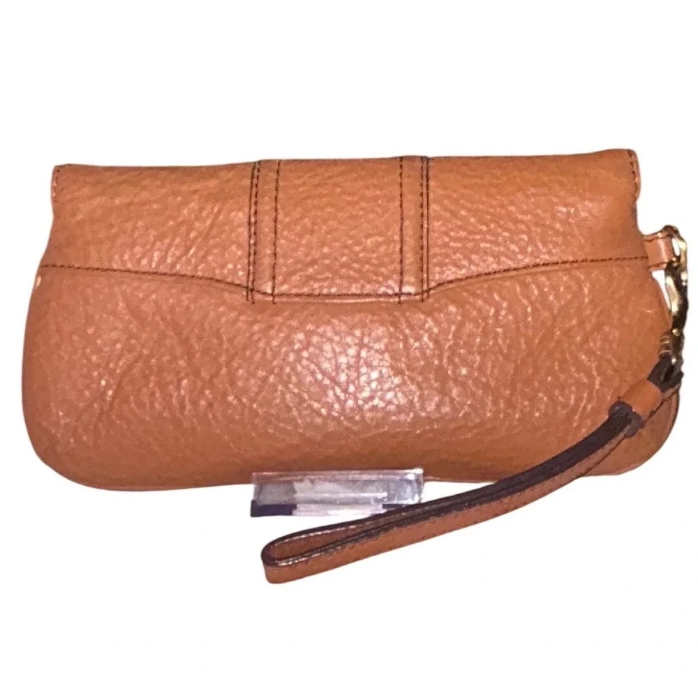 Talbots Pebbled Leather Turnlock Wristlet‎ Tan Brown Gold Hardware Clutch Bag